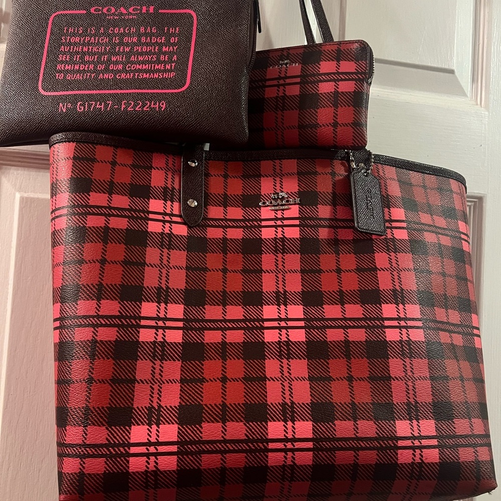 Coach Red and Black Checkered Tote